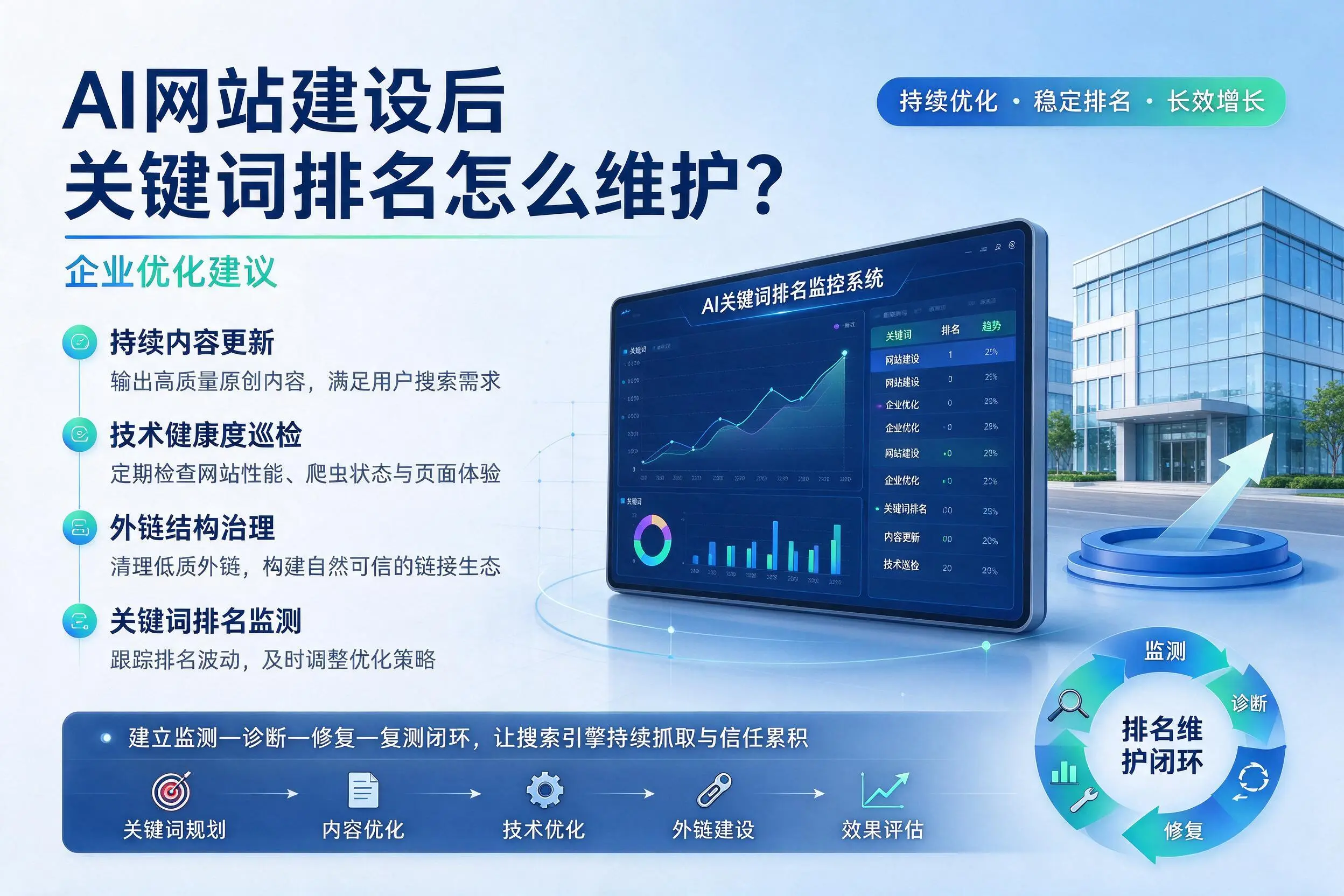 AI网站建设后关键词排名怎么维护？荆州企业优化建议