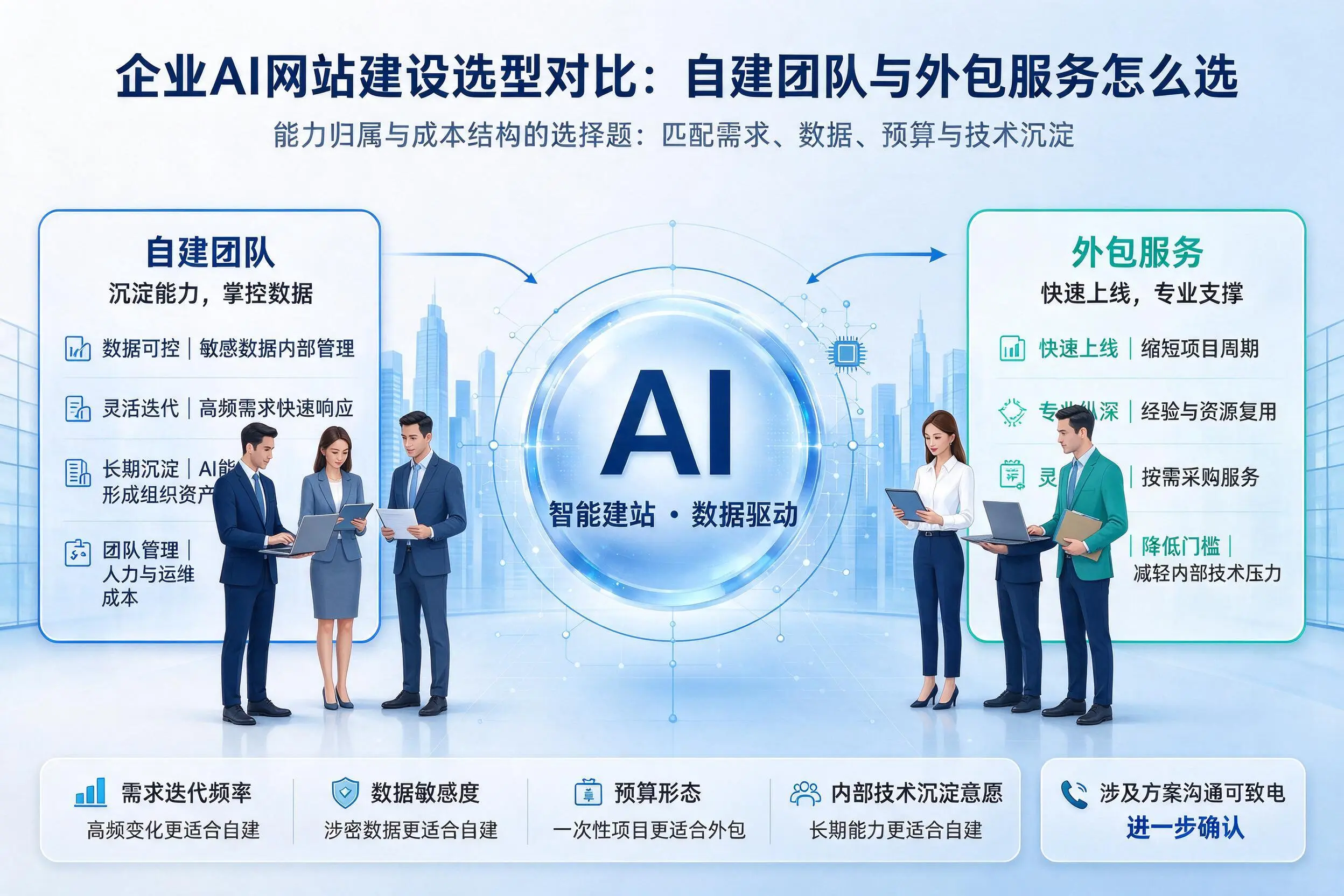 荆州企业AI网站建设选型对比：自建团队与外包服务怎么选